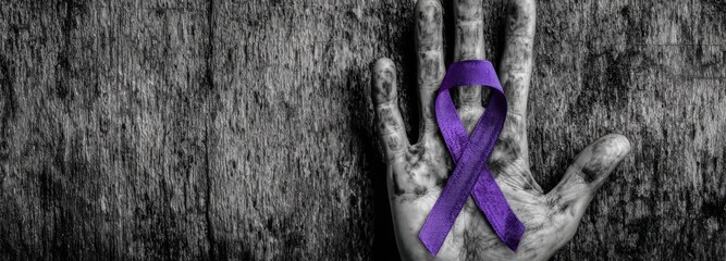 Hand with purple ribbon on wood surface raises awareness for Alzheimer's disease