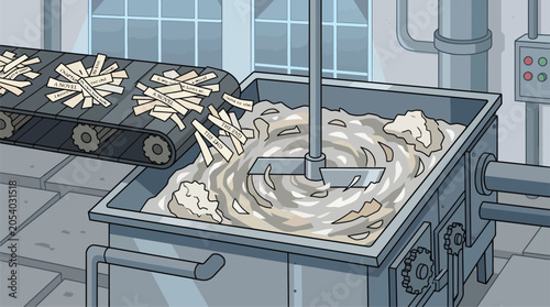 Foto Industrial food processing machine mixing raw potato strips on conveyor belt