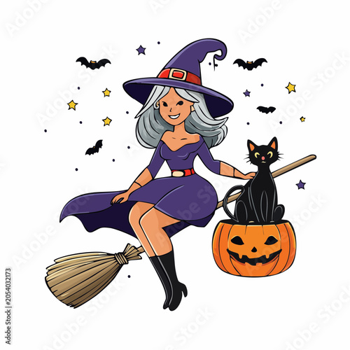 Cartoon Witch Flying on Broomstick with Black Cat and Pumpkin