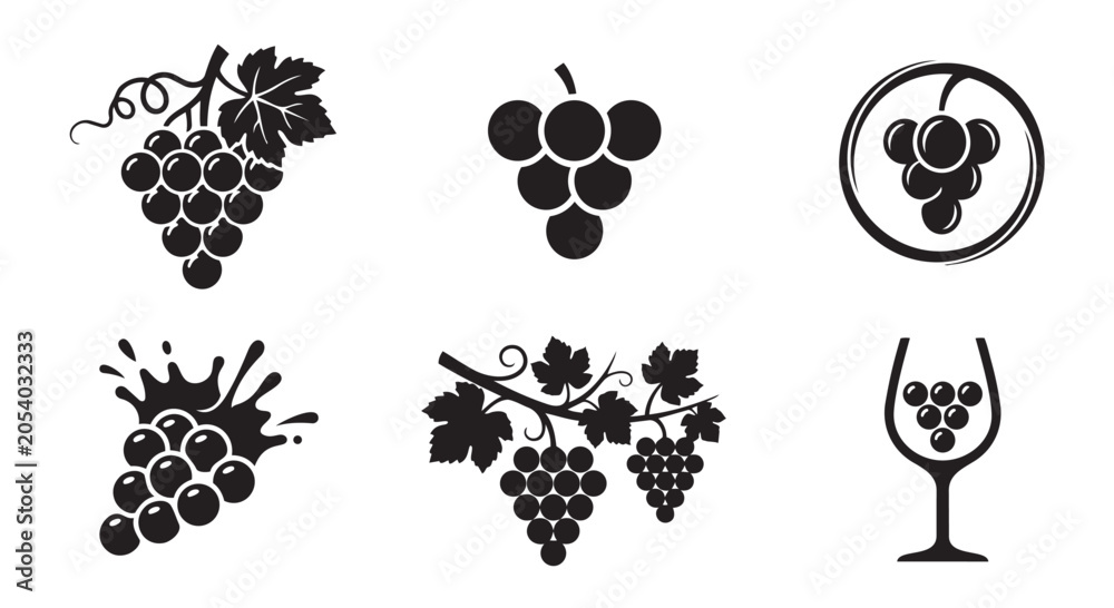 Fototapeta premium Set of black and white grape vector icons illustrating viticulture and winery themes with vineyard