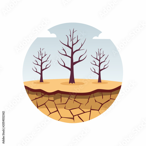 Dry cracked earth with bare trees