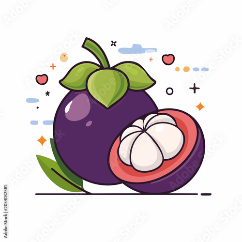 Illustration of a Mangosteen fruit, whole and halved