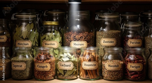 Assorted glass jars filled with dried herbs and spices neatly organized on shelves