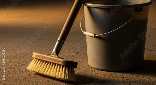 A close-up of a bristled scrubbing brush with an extended wooden handle resting beside a grey bucket on a textured surface.