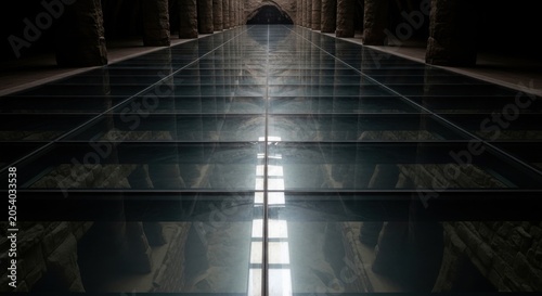 Expansive glass floor perspective with dramatic architectural columns and reflected light, showcasing modern design and depth