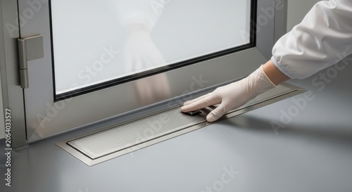 Gloved hand activating a foot operated switch for hygienic control in a modern environment