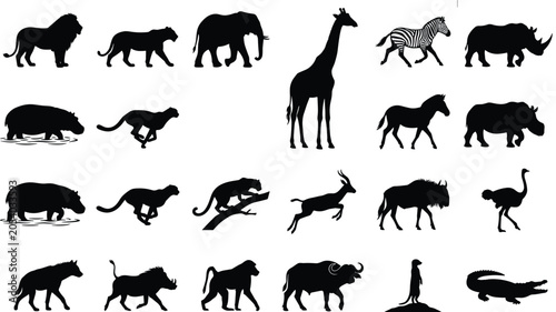 Photography African Wildlife Animal Silhouette Collection Vector Set Featuring Safari Mammal