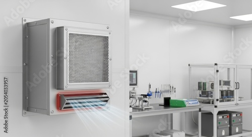 Wall Mounted HEPA Filtration Unit Purifying Air in a Modern Laboratory Setting