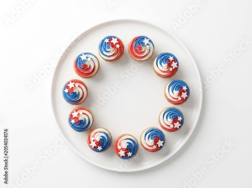 Twelve red, white, and blue cupcakes with star toppers on a round white plate, perfect for patriotic celebrations.
