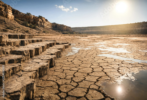 Canvas Print Cracked dry earth in a dried up river bed with rocky canyon walls under a bright