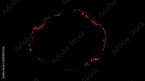 Irregular circular smoldering burn hole with fragmented glowing ember edges and dark scorched gaps, isolated on black for logo reveals, transitions, compositing and dramatic VFX overlays.
