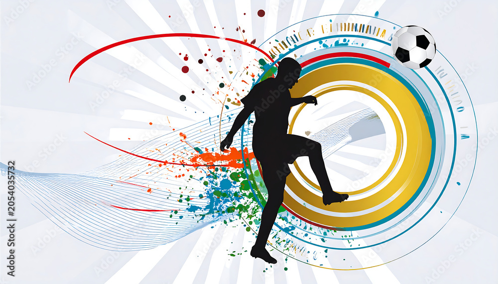 Obraz premium Dynamic Soccer Player Silhouette with Abstract Splash Graphics and Football Action