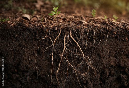 Close up of a small green plant seedling growing in dark fertile soil with visible white roots spreading downwards into the earth
