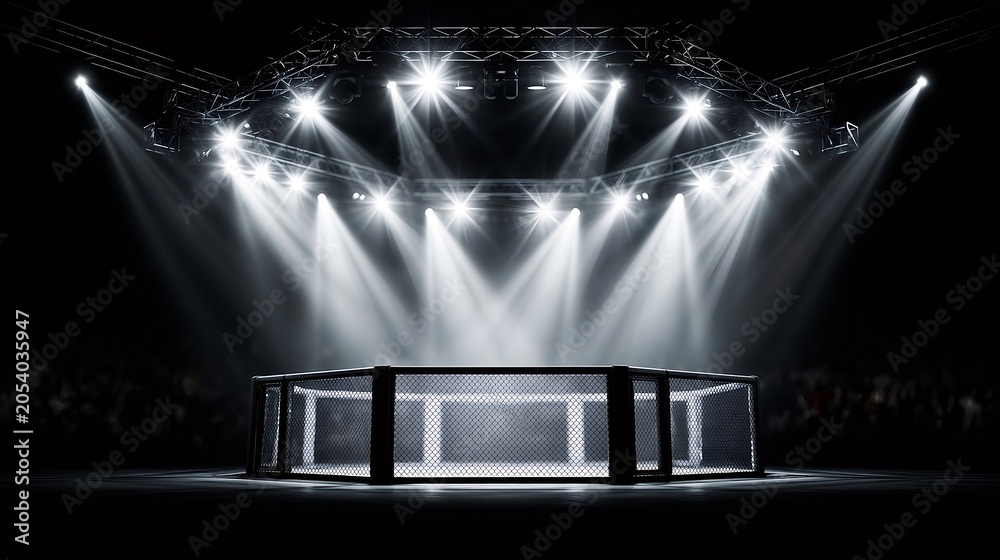 Naklejka premium Empty mma fight cage in dark arena spotlight
