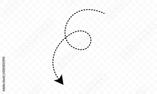 Dashed black arrow spiraling down vector icon, dotted curved line, descending direction symbol, navigation pointer, creative downturn indicator, artistic design element, downward path sign isolated.