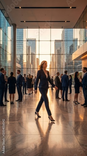 Group of professionals in formal attire conversing in a modern office lobby during sunset.