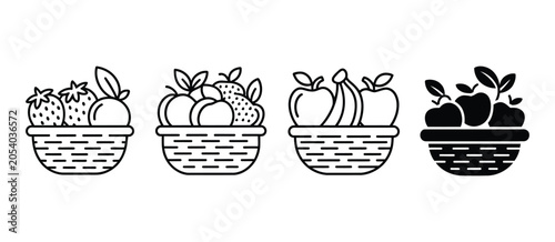 Fruit basket icons featuring fresh food and healthy harvest elements in a simple black and white line art style for nutrition and agriculture themes.