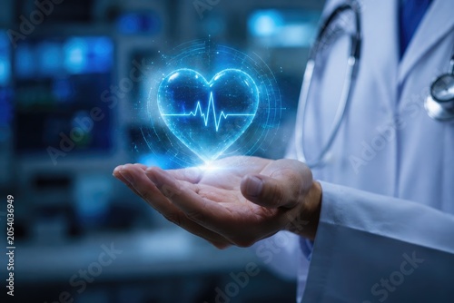 Doctor Holding Glowing Digital Heart with ECG Pulse in Futuristic Medical Technology Concept