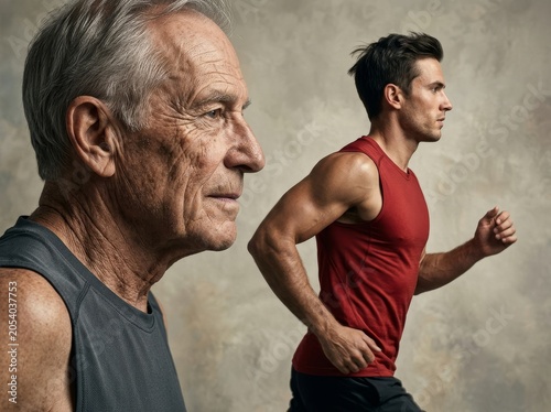 An older and a younger man in athletic gear, showcasing vigor and vitality.