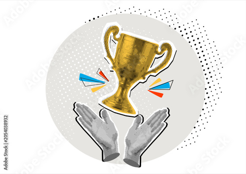 Trendy Halftone Collage hands holding winner's cup. Winner trophy awards. Trophy cup. Modern collage style. Winner cup vector illustration.