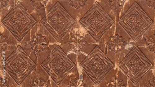Brown Leather Embossed Seamless Pattern with Floral and Geometric Motifs - Vintage Texture Background