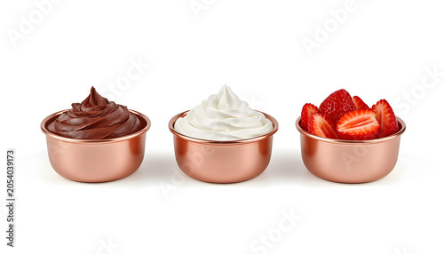Copper Bowls with Chocolate Sauce, Whipped Cream, and Fresh Strawberries on White Background
