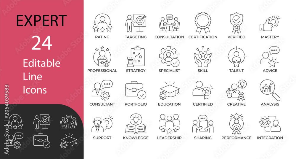 Naklejka premium Expert and professional skills line icon set. Contains symbols for business consultation, strategy, leadership, and performance. Line vector design for corporate presentations and workflow.