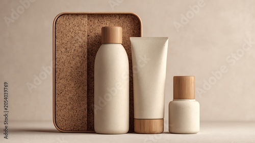 Minimalist Skincare Products Set With Natural Wooden Accents