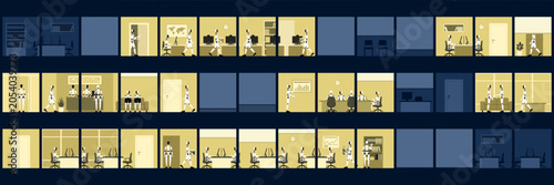 Autonomous humanoid AI robots working in the corporate office late at night