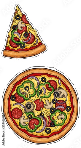 Delicious Pizza Illustration - A Slice and a Whole Pie.