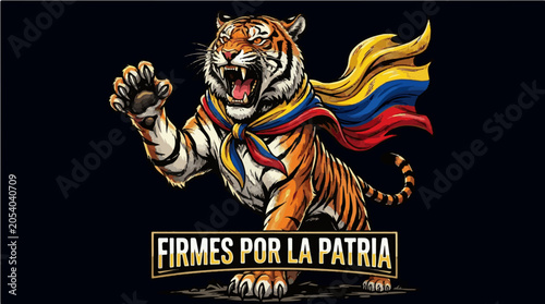 Roaring Colombian Tiger Mascot with Flag 