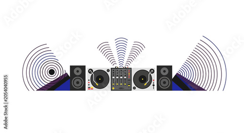 Fotografie DJ Turntables and Speakers with Sound Waves - Music Party Entertainment