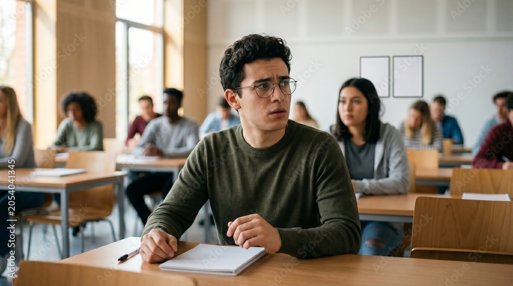 Fototapeta premium Student taking exam in classroom university setting focused expression natural light educational environment