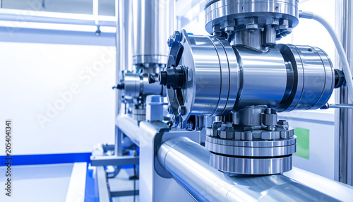Industrial Piping System: A close-up shot of a complex industrial piping system, featuring polished metal valves and pipes, highlighting precision engineering and manufacturing in a clean environment.