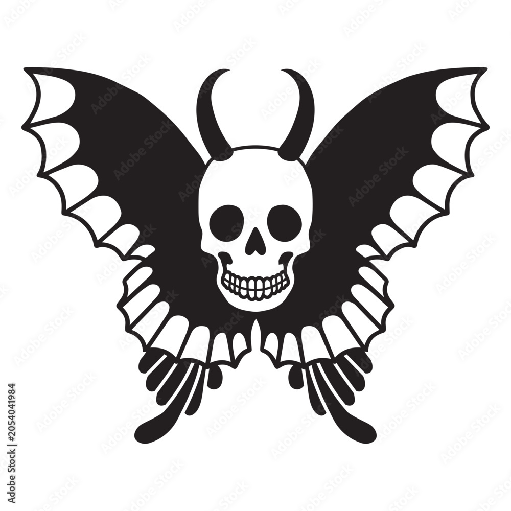 Fototapeta premium Black and white image of a butterfly with horns and a skull