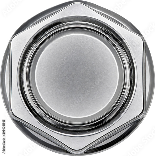 Top view of a chrome car wheel lug nut isolated on transparent background