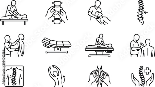 Photos Chiropractic care and physiotherapy line icon set featuring spine adjustment massage therapy orthopedic treatment rehabilitation and back pain relief vector elements
