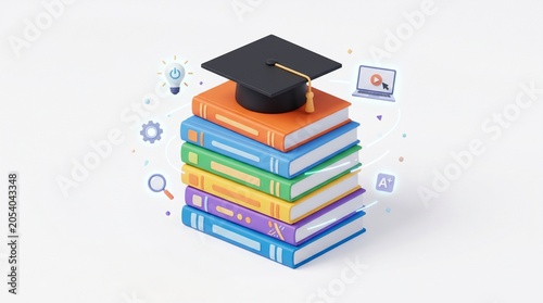 Education concept with stacked colorful books, graduation cap, and digital learning icons on white background.