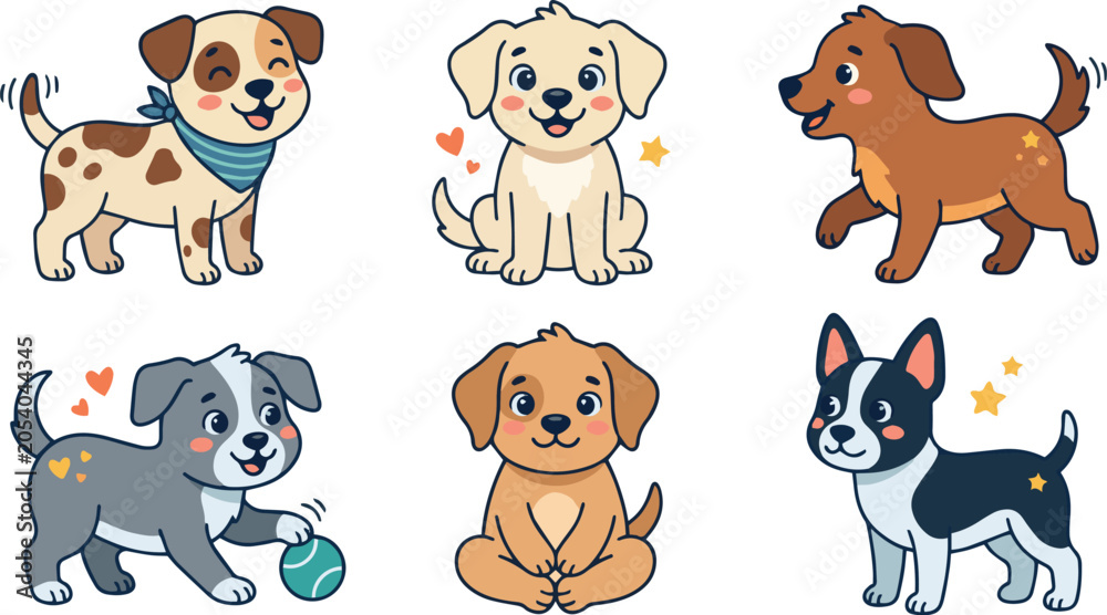 Obraz premium Cute dog cartoon vector illustration set with happy puppies and playful pups in various poses and colors for design