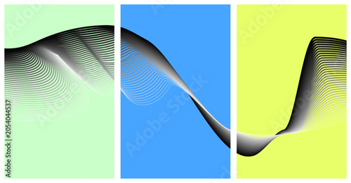Bild auf Leinwand Abstract three panel triptych graphic featuring flowing black line waves on colo