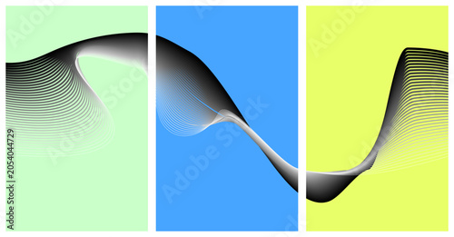 Bild auf Leinwand Abstract three panel triptych graphic featuring flowing black line waves on colo