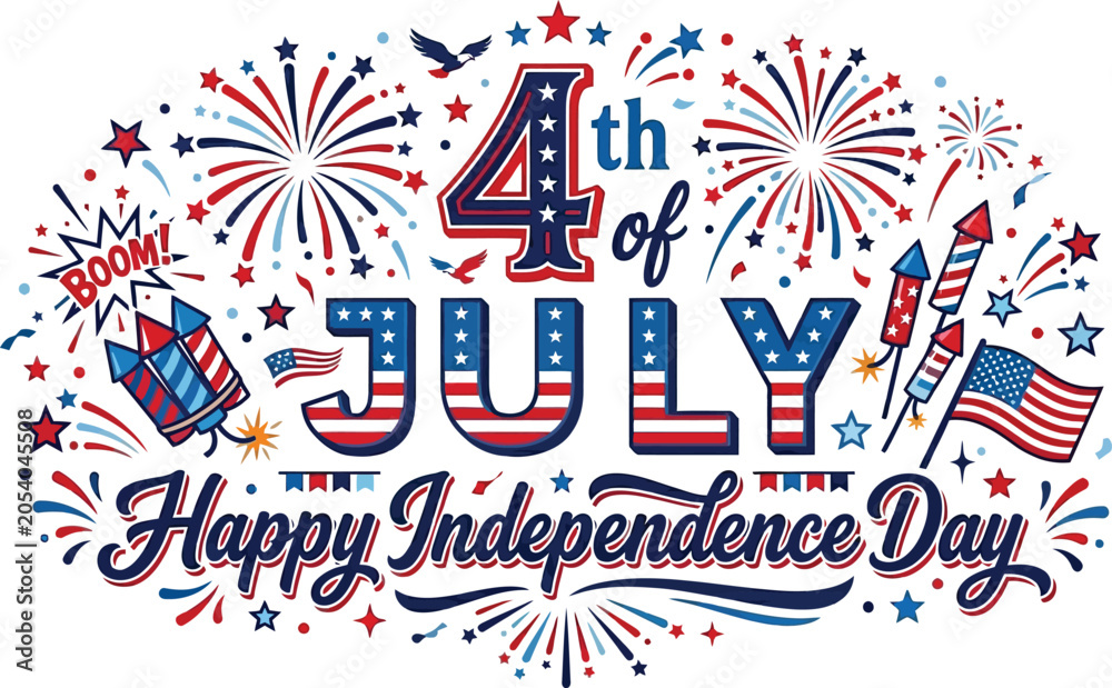 Obraz premium Festive fourth of july typography with fireworks and american flags