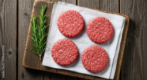 Raw beef burger patties on a wooden cutting board with a sprig of fresh rosemary