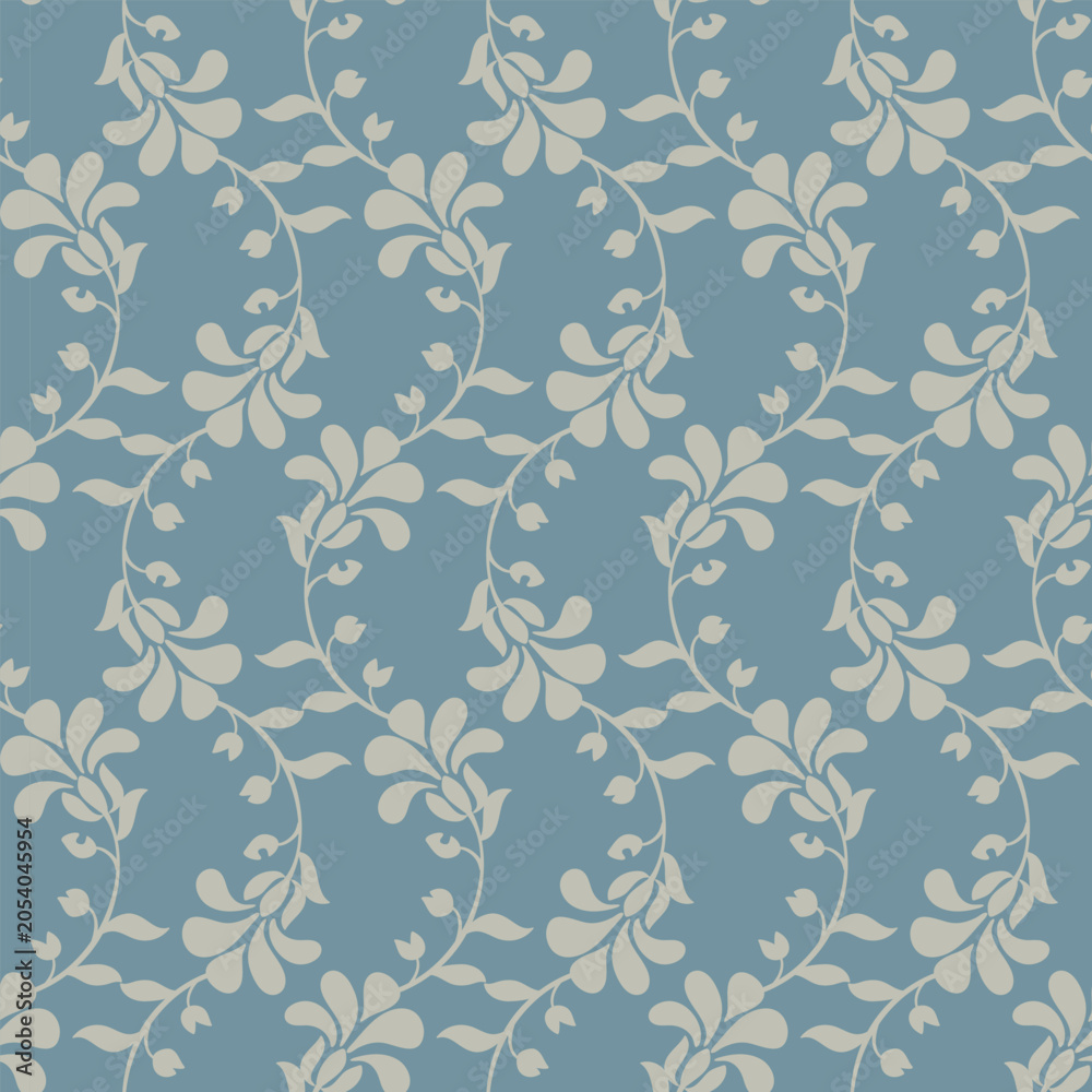 Fototapeta premium Elegant floral seamless pattern with white flowers and vines on soft blue background seamless pattern for textile prints on fabric and home decor