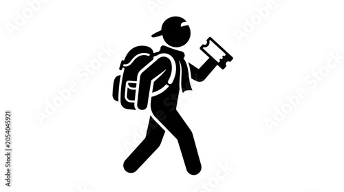 Backpacking Traveler Silhouette Icon Featuring A Person With A Rucksack And Ticket For Adventure Travel And Tourism Concepts