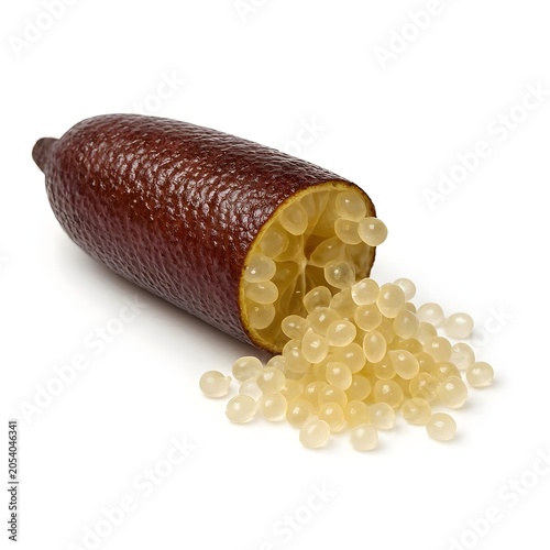 Fresh australian finger lime fruit sliced open with citrus caviar pearls bursting out isolated on white background exotic microcitrus australasica for gourmet cuisine