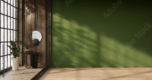 Empty Living room mockup Clean green modern room and granite tiles floor japanese style.3D rendering