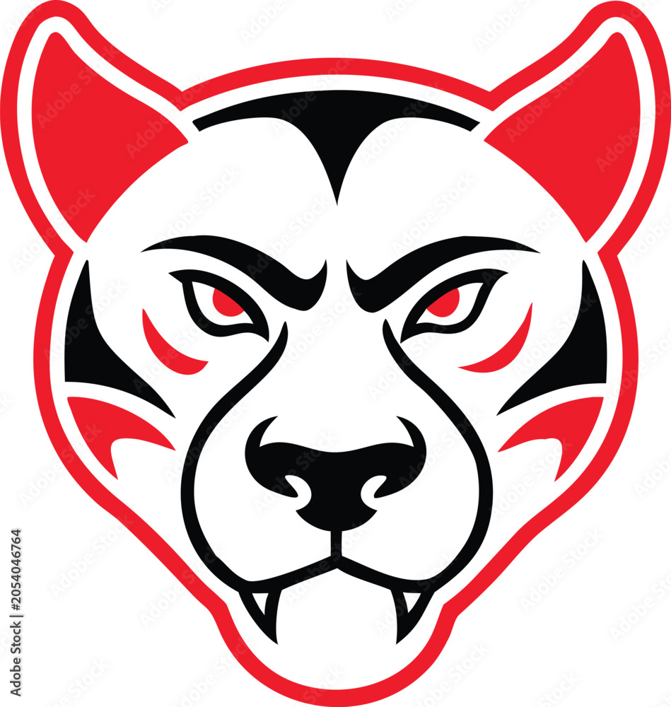 Fototapeta premium Bold fierce cougar head mascot emblem with sharp red outlines and black details perfect for sports team branding