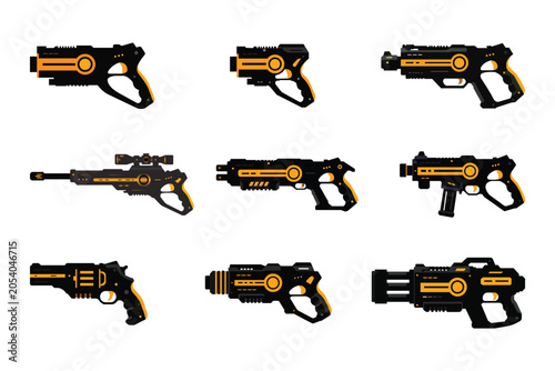 Quadro em tela Sci-fi futuristic weapon vector icon set featuring high-tech laser blasters, cyberpunk pistols, gaming guns, and alien military armament illustrations