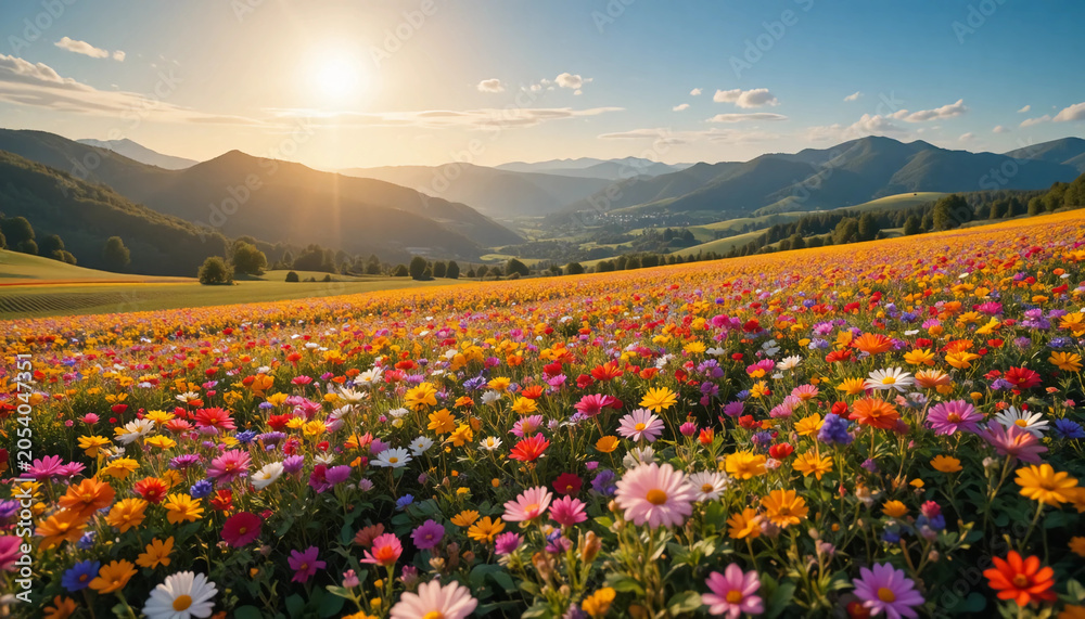 Obraz premium Colorful wildflower field stretching toward distant hills under warm sunlight creating a vibrant natural scene